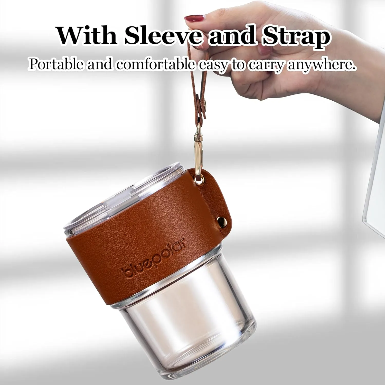 13 oz Tumbler Water Glass, Water Bottle with Straw and Dustproof Lid, Coffee Ice Cup Double Wall Insulated Glass Cup (White with Sleeve and Strap)