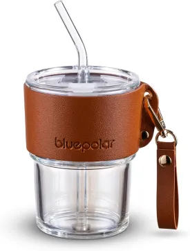 13 oz Tumbler Water Glass, Water Bottle with Straw and Dustproof Lid, Coffee Ice Cup Double Wall Insulated Glass Cup (White with Sleeve and Strap)