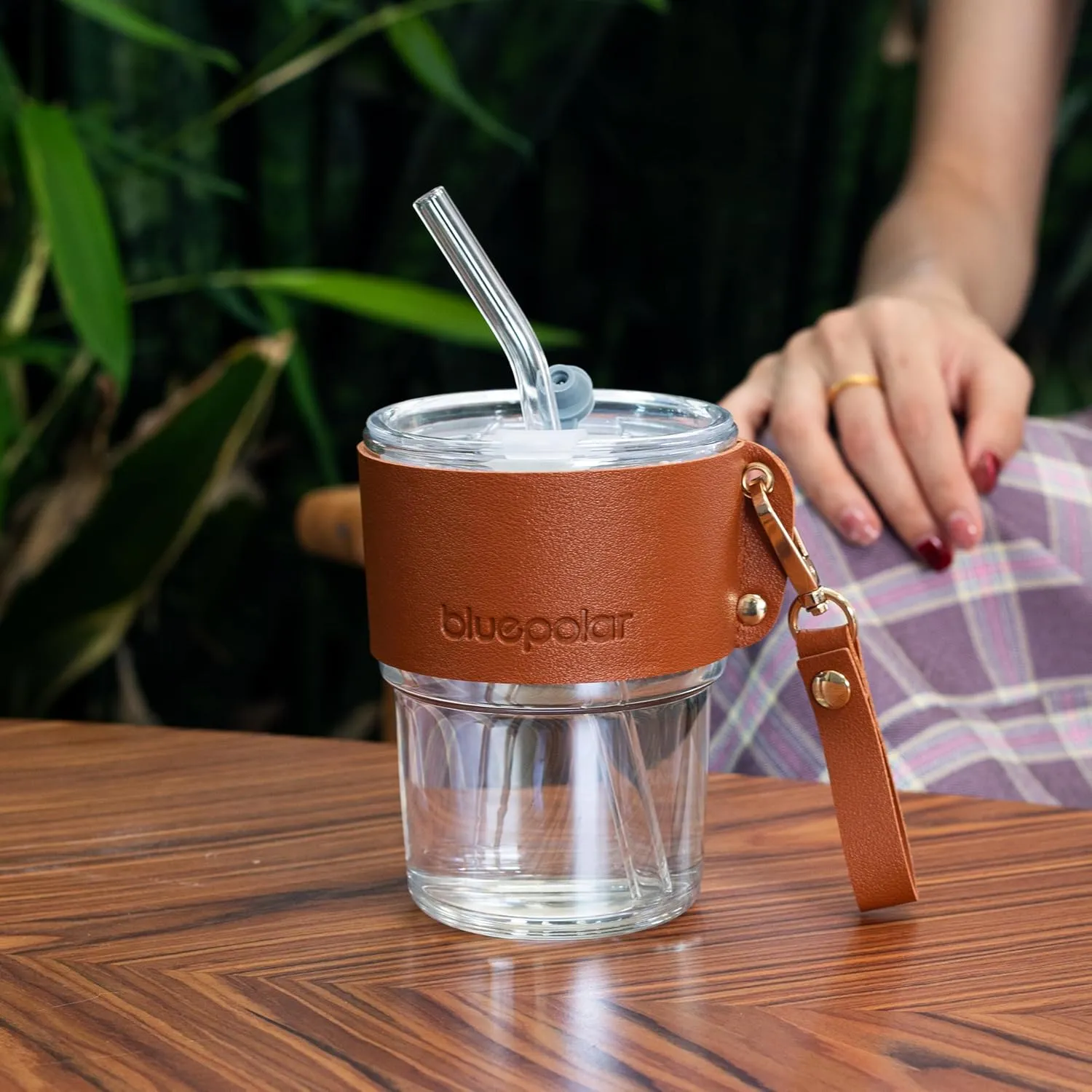 13 oz Tumbler Water Glass, Water Bottle with Straw and Dustproof Lid, Coffee Ice Cup Double Wall Insulated Glass Cup (White with Sleeve and Strap)