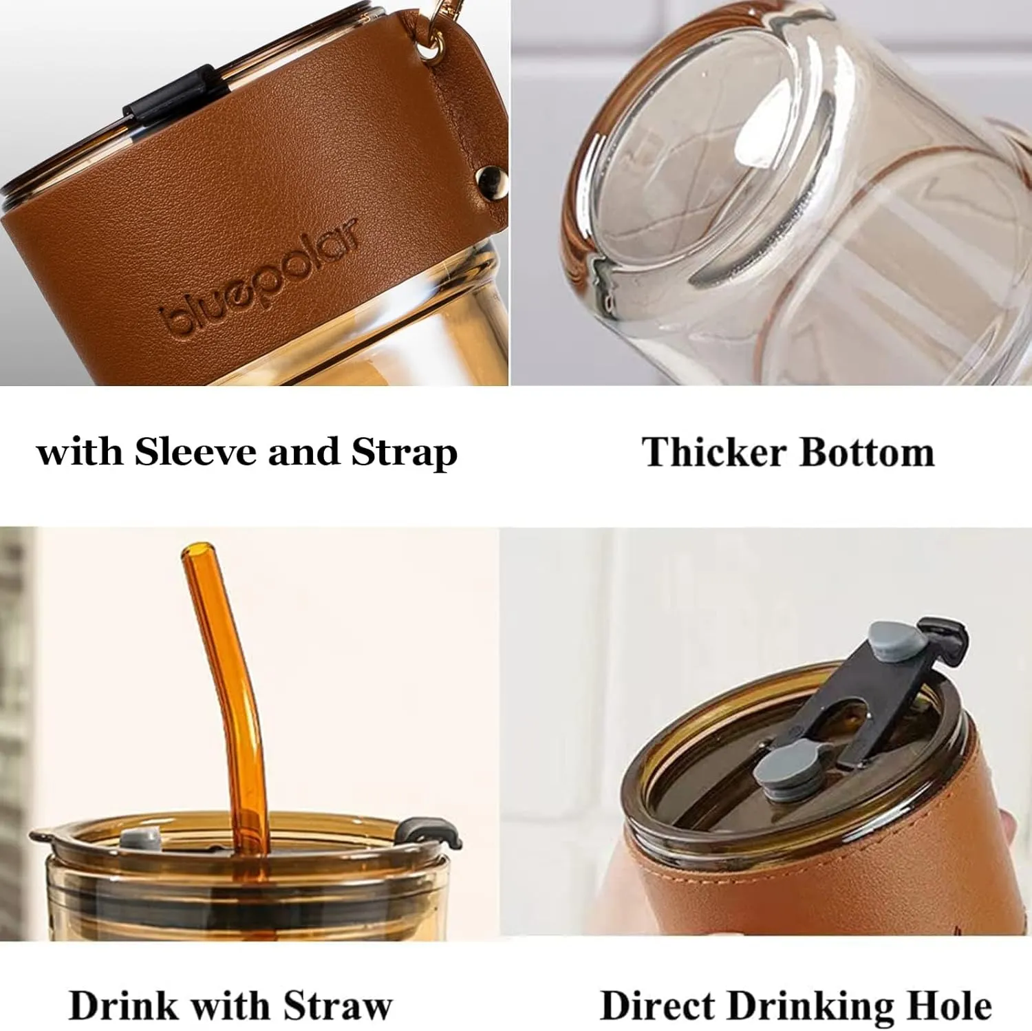 13 oz Tumbler Water Glass, Water Bottle with Straw and Dustproof Lid, Coffee Ice Cup Double Wall Insulated Glass Cup (White with Sleeve and Strap)