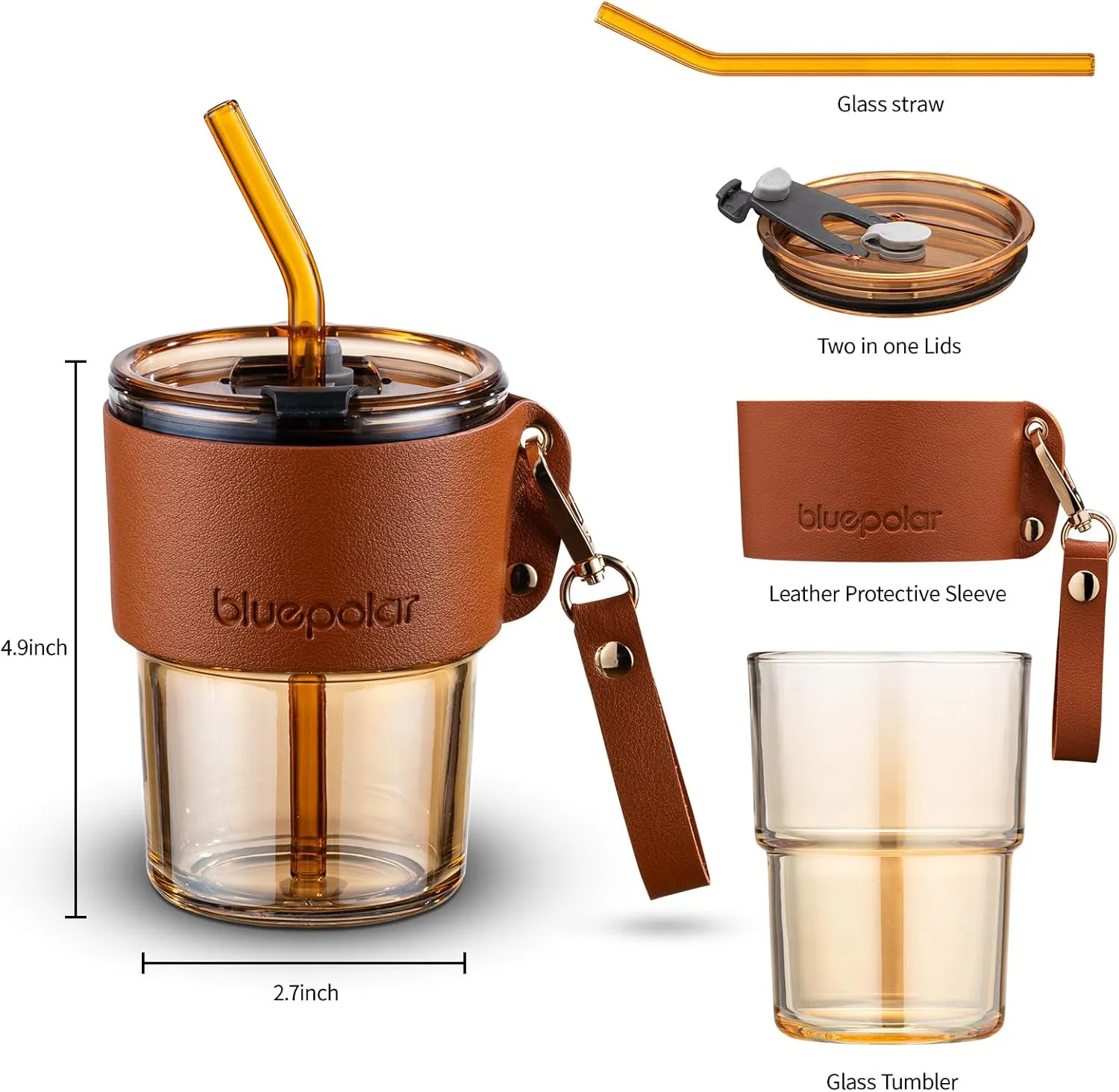 13 oz Tumbler Water Glass, Water Bottle with Straw and Dustproof Lid, Coffee Ice Cup Double Wall Insulated Glass Cup (White with Sleeve and Strap)