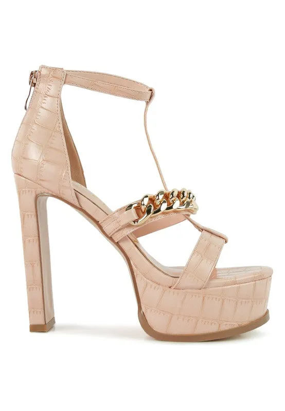 Bonita Metal Chain Zip Up Platform Sandal 5" Heel