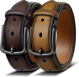 BULLIANT Men Belt 2Pack-Leather Belt 7Holes Comfortable For Men's Dress Casual Jeans 1 3/8"