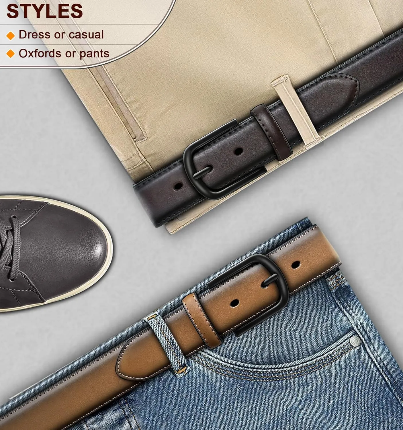 BULLIANT Men Belt 2Pack-Leather Belt 7Holes Comfortable For Men's Dress Casual Jeans 1 3/8"