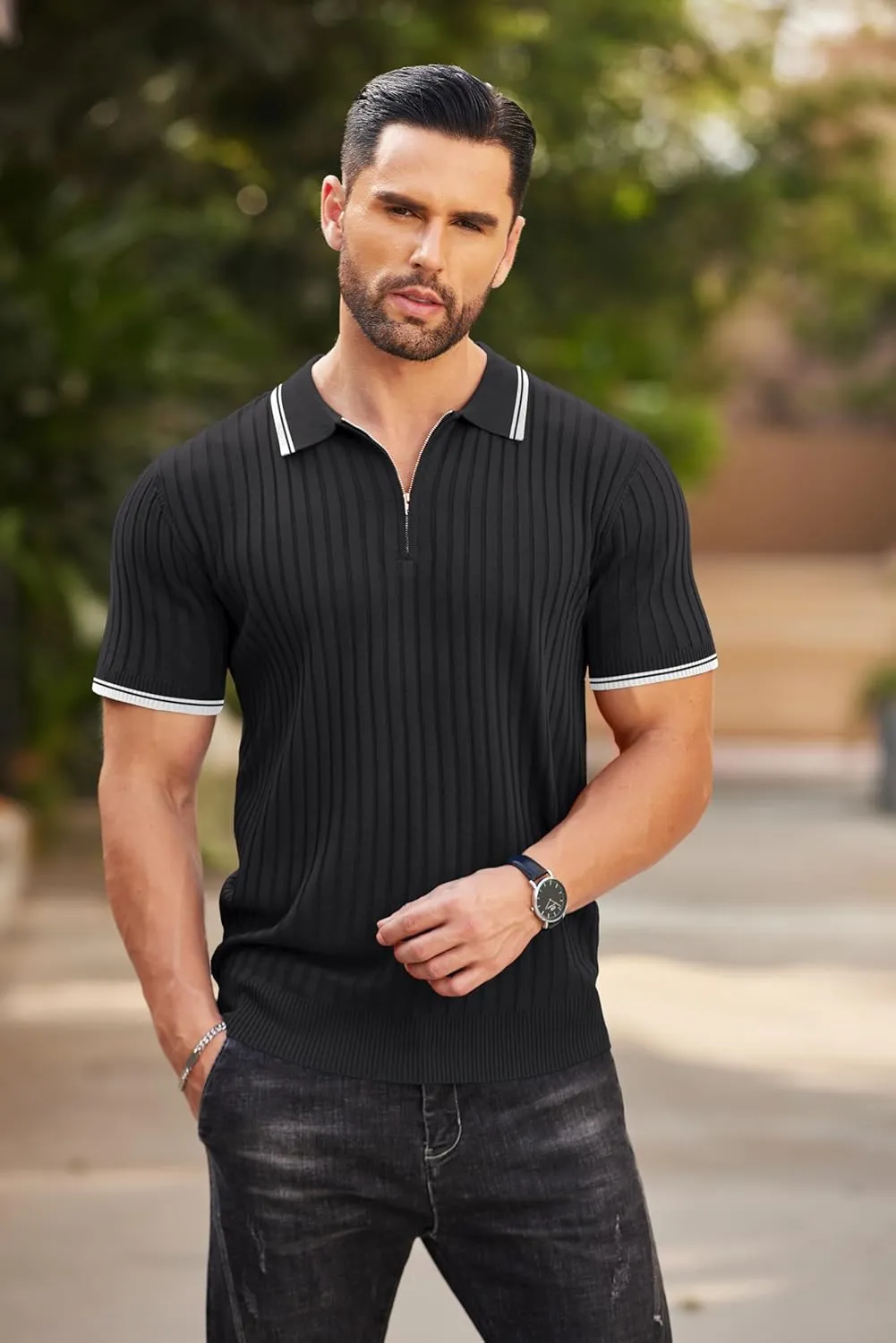 COOFANDY Men's Zipper Polo Shirts Short Sleeve Ribbed Knit Polo T Shirts Fashion Casual Golf Shirts