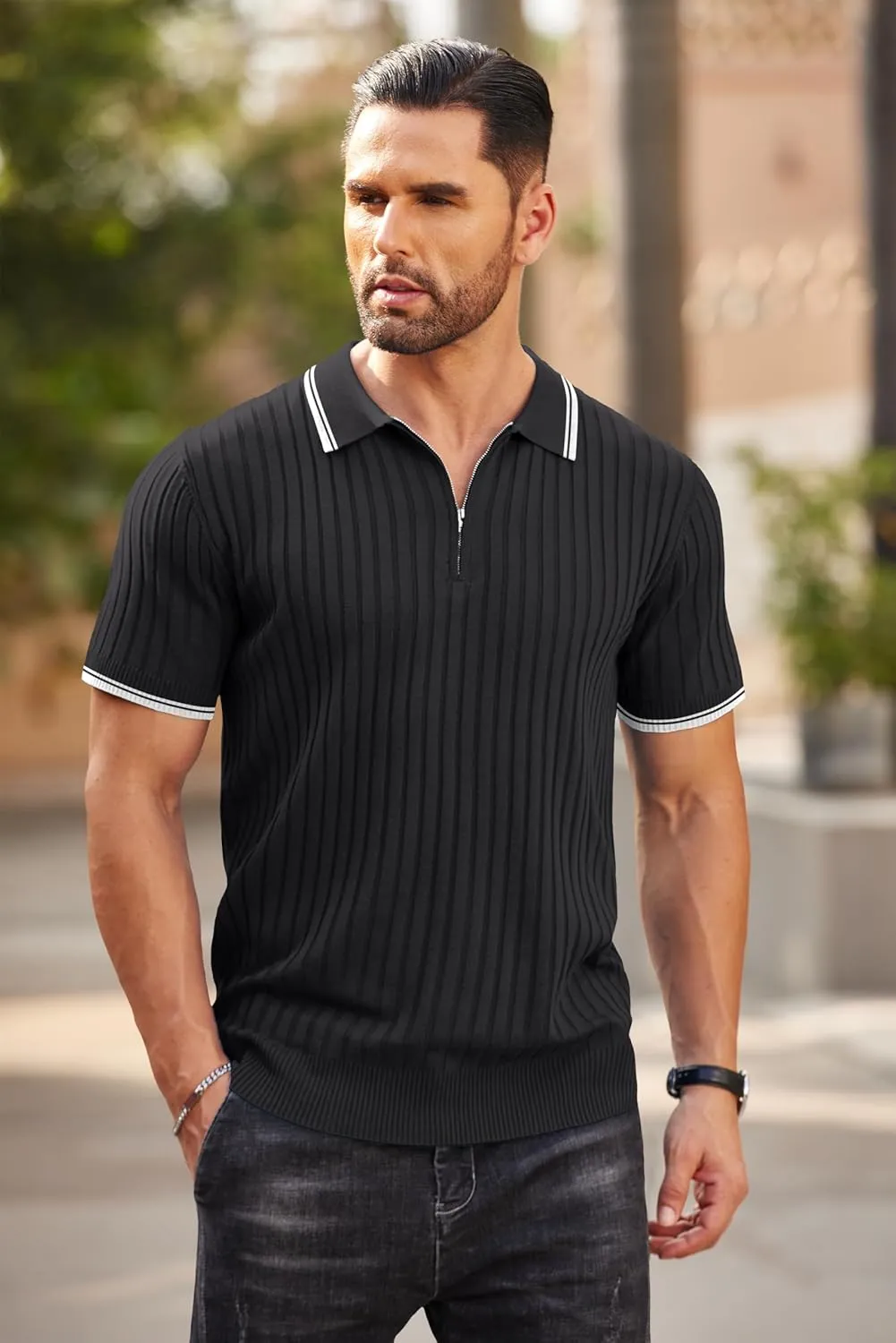 COOFANDY Men's Zipper Polo Shirts Short Sleeve Ribbed Knit Polo T Shirts Fashion Casual Golf Shirts