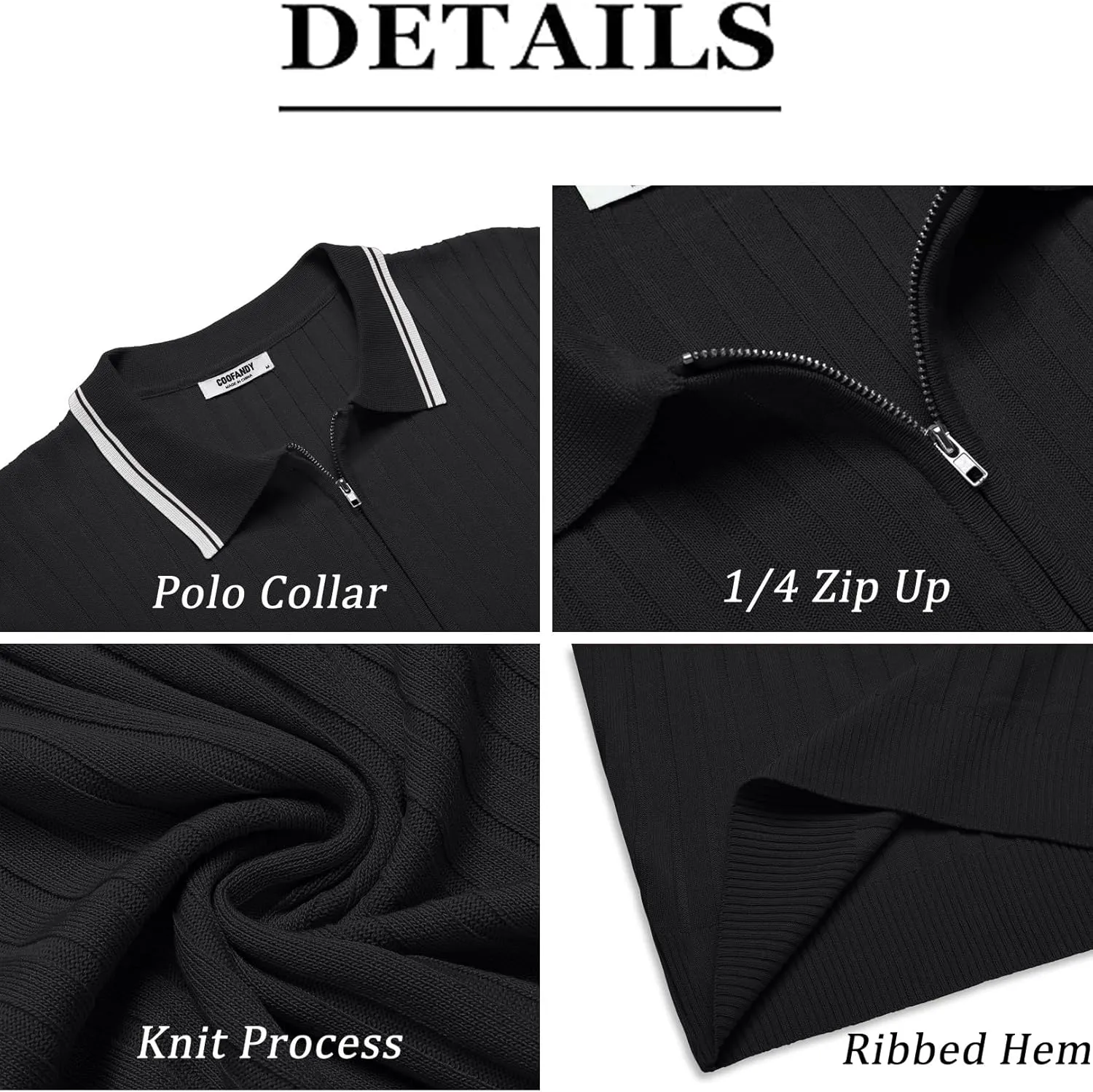 COOFANDY Men's Zipper Polo Shirts Short Sleeve Ribbed Knit Polo T Shirts Fashion Casual Golf Shirts
