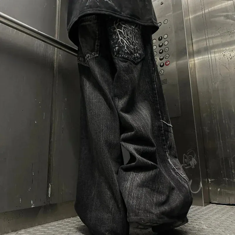 Gothic Retro Oversized Baggy Fit Mopping Pants | Y2K Phantom Jeans | Spider Embroidered Patch