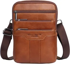Hebetag Small Leather Sling Shoulder Bag Messenger Pack for Men Women Outdoor Travel Business