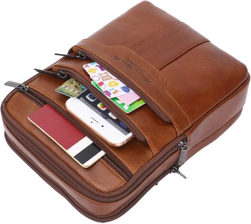 Hebetag Small Leather Sling Shoulder Bag Messenger Pack for Men Women Outdoor Travel Business