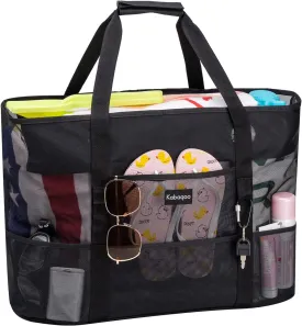 KABAQOO Mesh Beach Bag, Extra Large Beach Bags with 9 Pockets & Zipper Waterproof Lightweight Beach Tote for Beach/Pool Trip