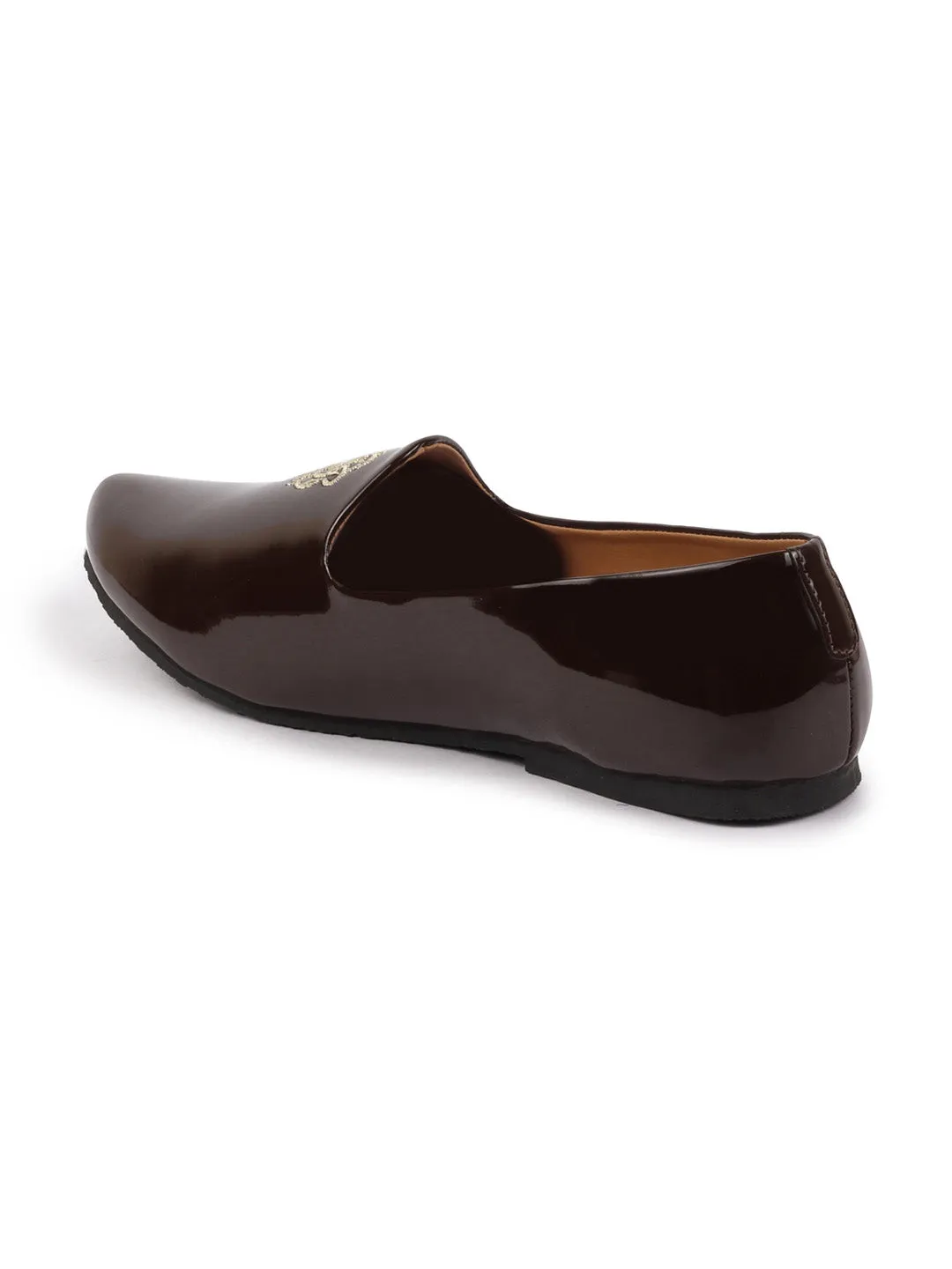 Men Brown Patent Glossy Ethnic Embroidered Design Slip On Shiny Juttis & Mojaris For Party|Wedding|Festival