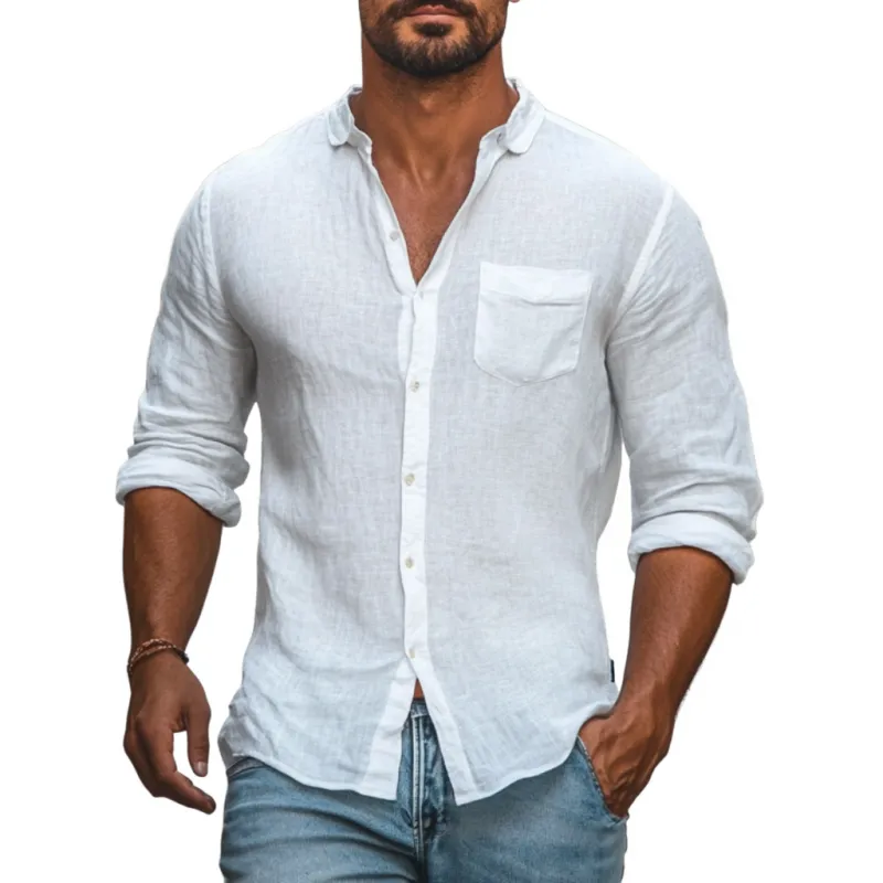 Men's Casual Cotton Linen Lapel Loose Long Sleeve Shirt 26192799M