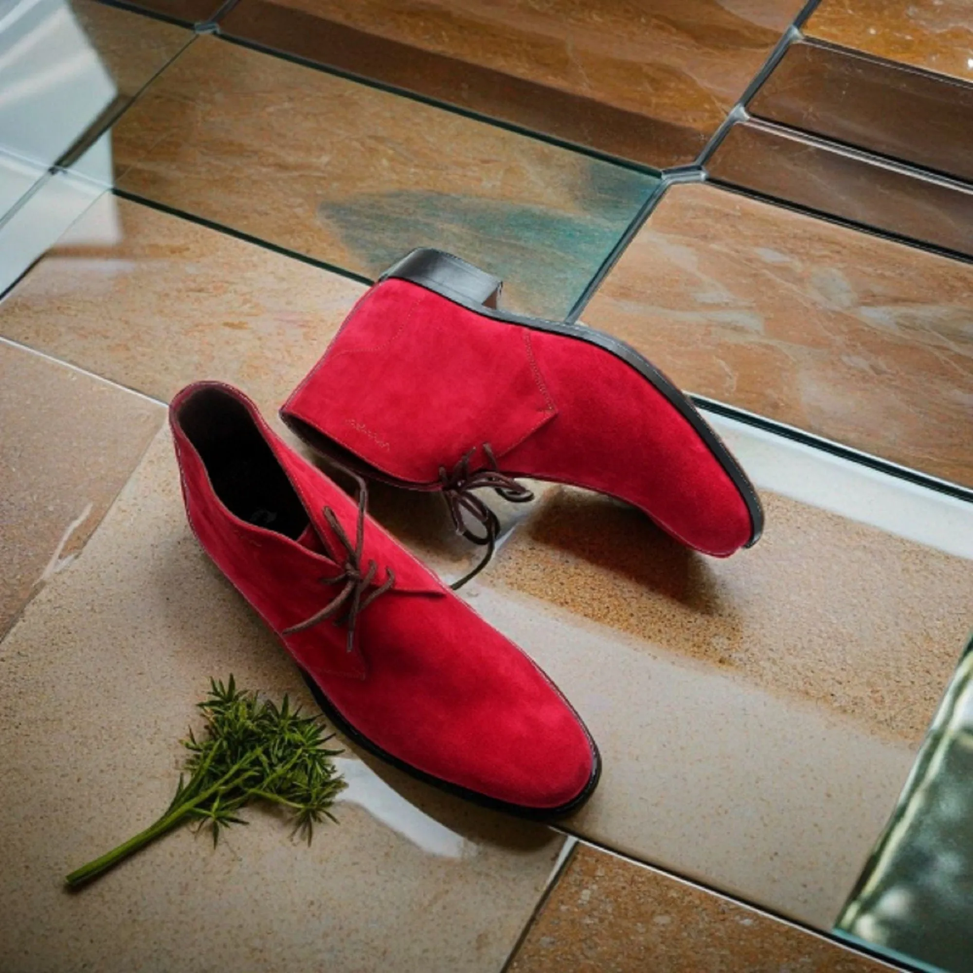 Men's Handmade Formal Shoes Red Suede Leather Ankle High Lace Up Stylish Chukka Dress & Formal Wear Boots Men Style Boot