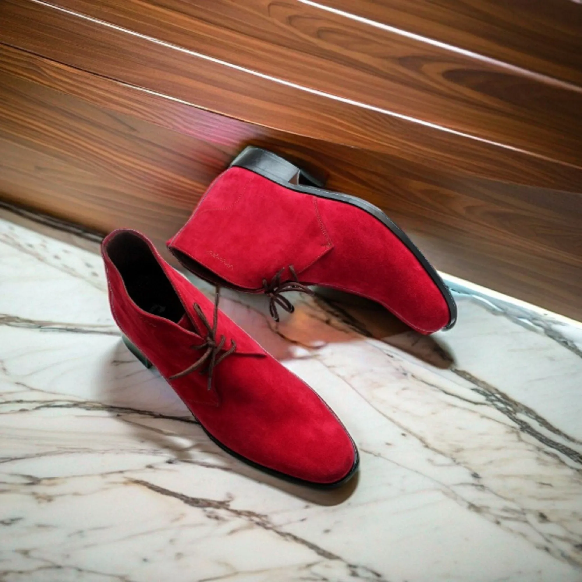 Men's Handmade Formal Shoes Red Suede Leather Ankle High Lace Up Stylish Chukka Dress & Formal Wear Boots Men Style Boot