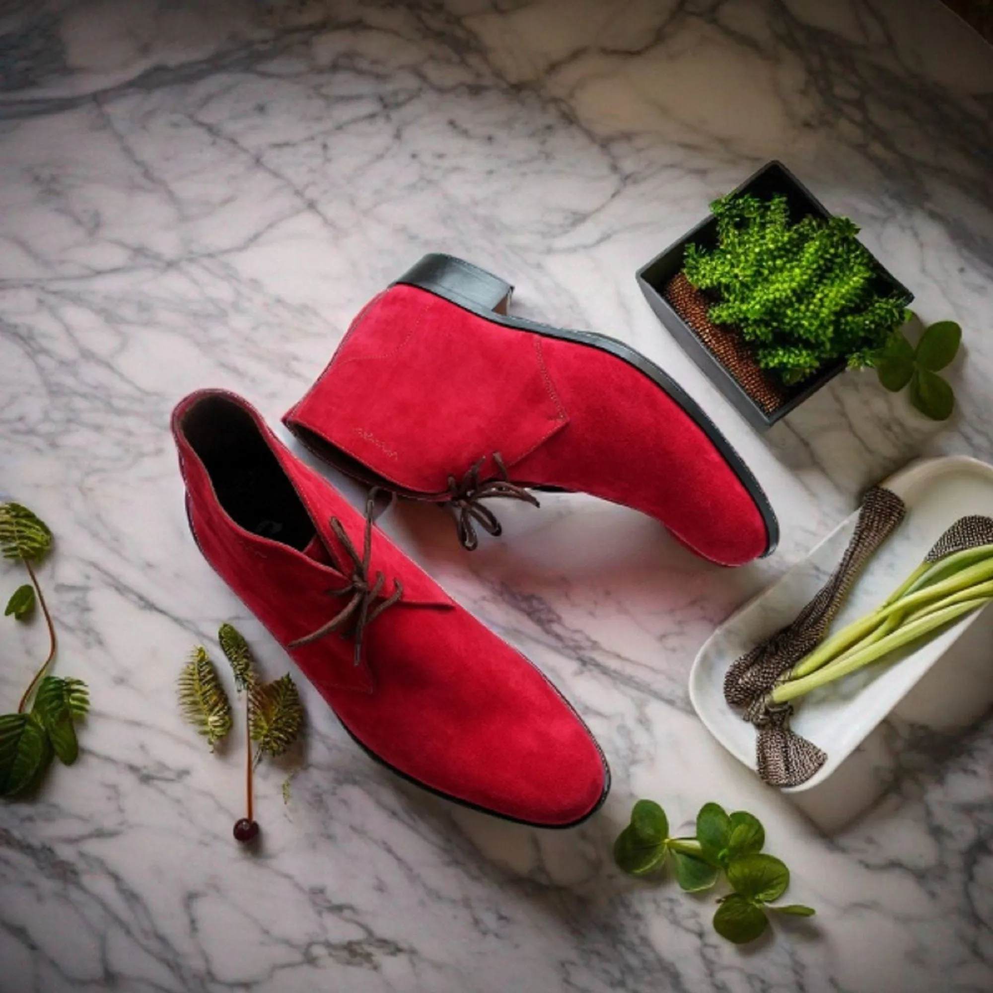 Men's Handmade Formal Shoes Red Suede Leather Ankle High Lace Up Stylish Chukka Dress & Formal Wear Boots Men Style Boot