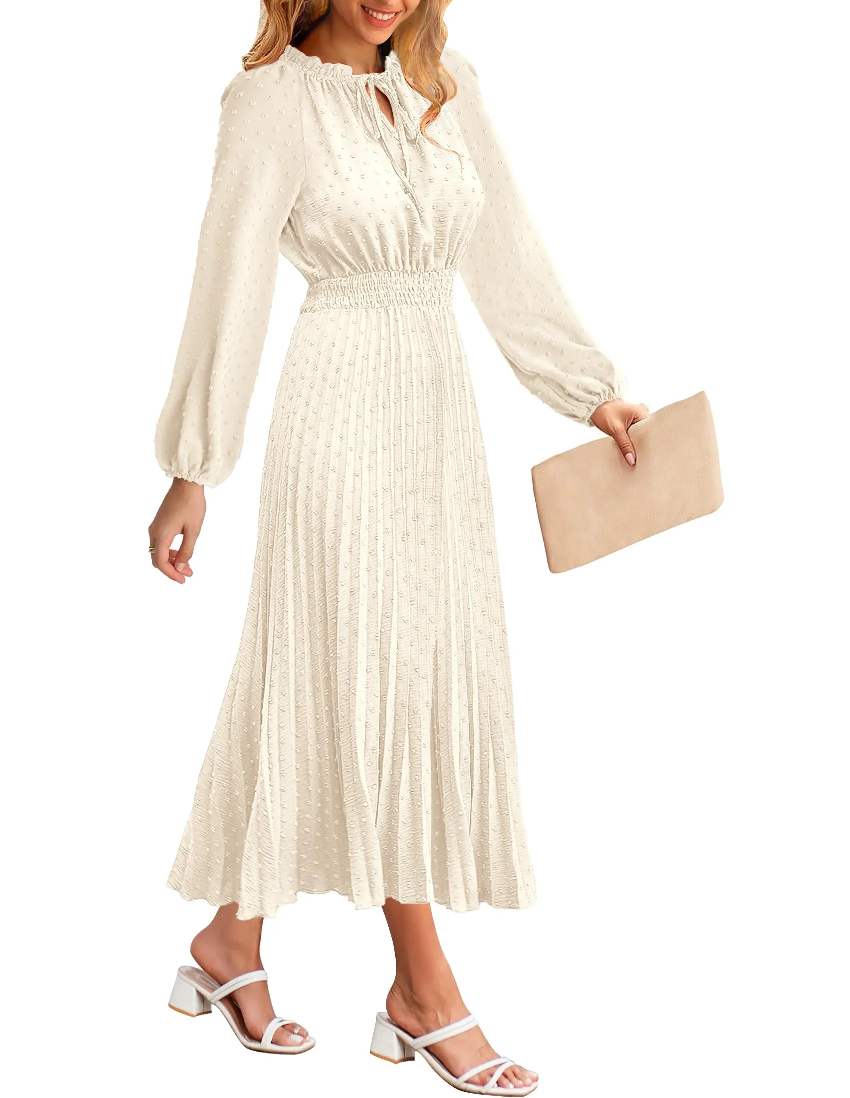 MEROKEETY Long Sleeve Tie V Neck Swiss Dot Pleated Maxi Dress