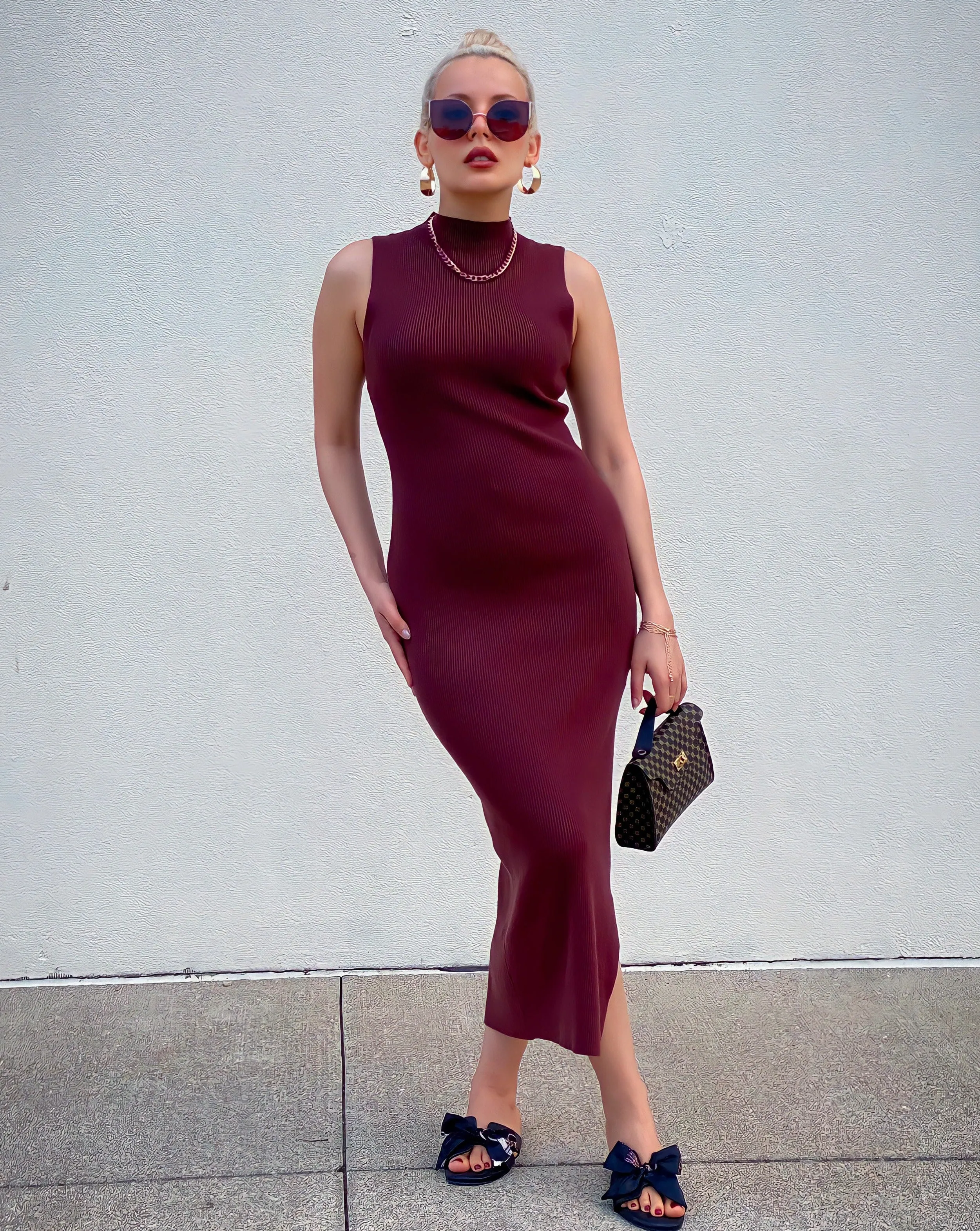 MEROKEETY Sleeveless Mock Neck Ribbed Bodycon Slit Maxi Dress
