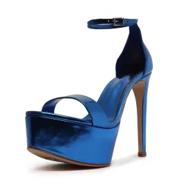 Schutz Cadey-Lee Blue Snake Sleek Buckle Ankle Strap High Heel Platforms Sandals