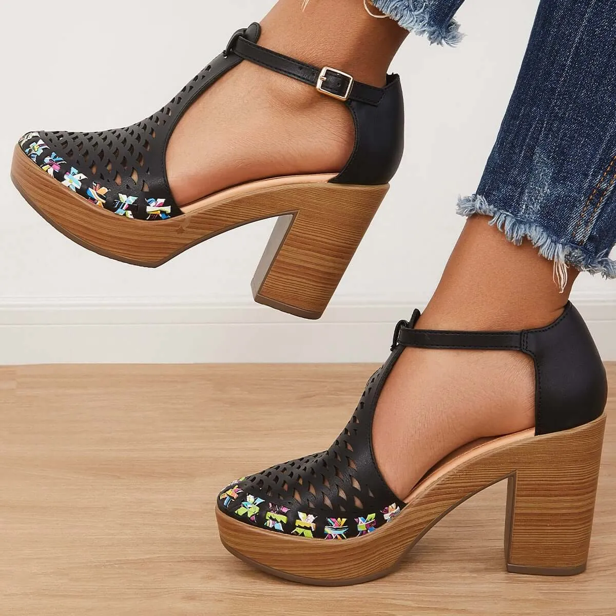 Sohiwoo woman formal Platform Block Chunky High Heels Ankle T-Strap Cutout Sandals