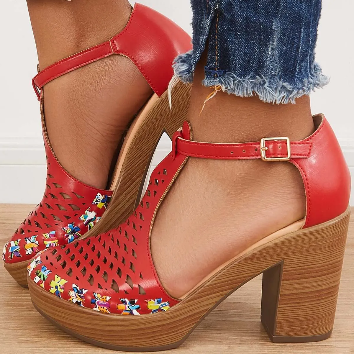 Sohiwoo woman formal Platform Block Chunky High Heels Ankle T-Strap Cutout Sandals