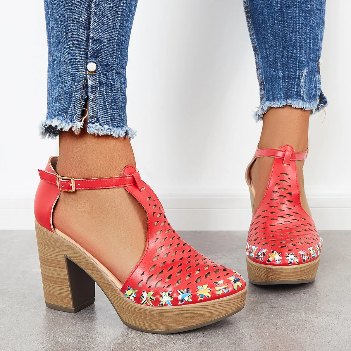 Sohiwoo woman formal Platform Block Chunky High Heels Ankle T-Strap Cutout Sandals
