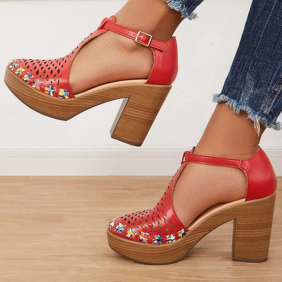 Sohiwoo woman formal Platform Block Chunky High Heels Ankle T-Strap Cutout Sandals