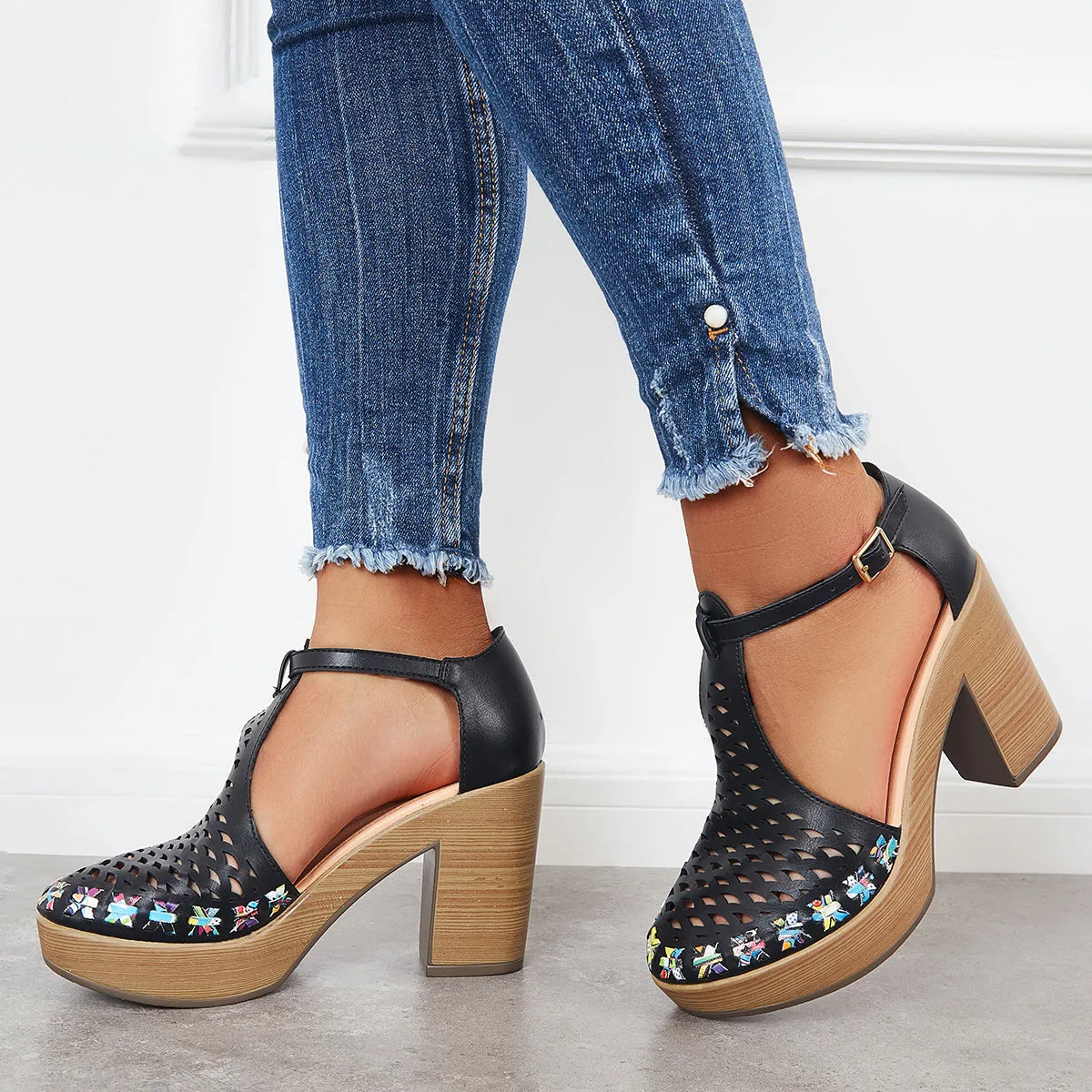 Sohiwoo woman formal Platform Block Chunky High Heels Ankle T-Strap Cutout Sandals