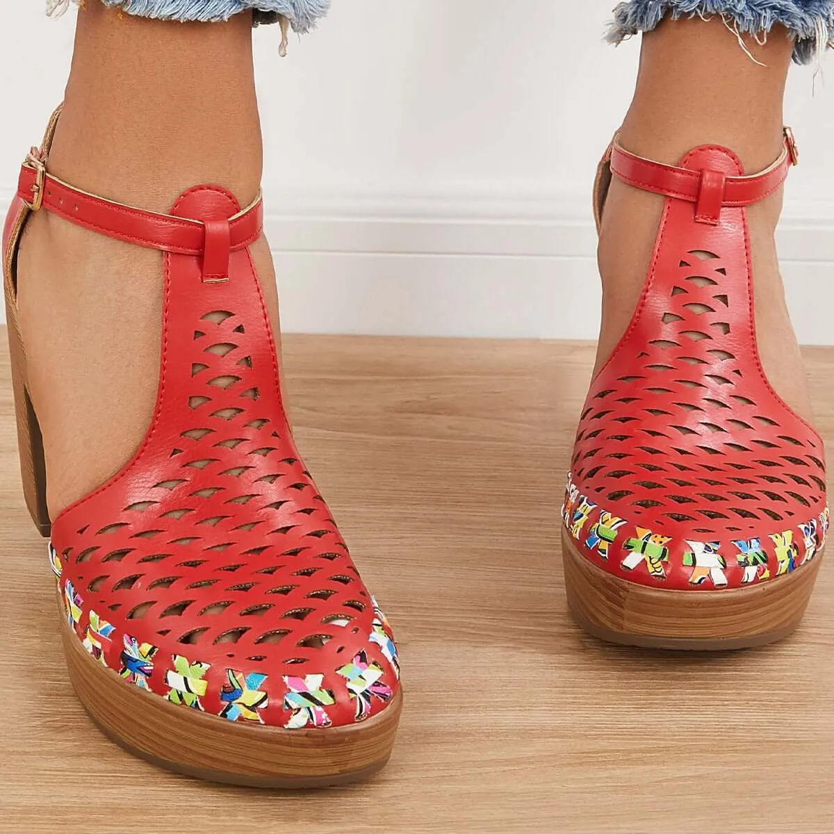 Sohiwoo woman formal Platform Block Chunky High Heels Ankle T-Strap Cutout Sandals