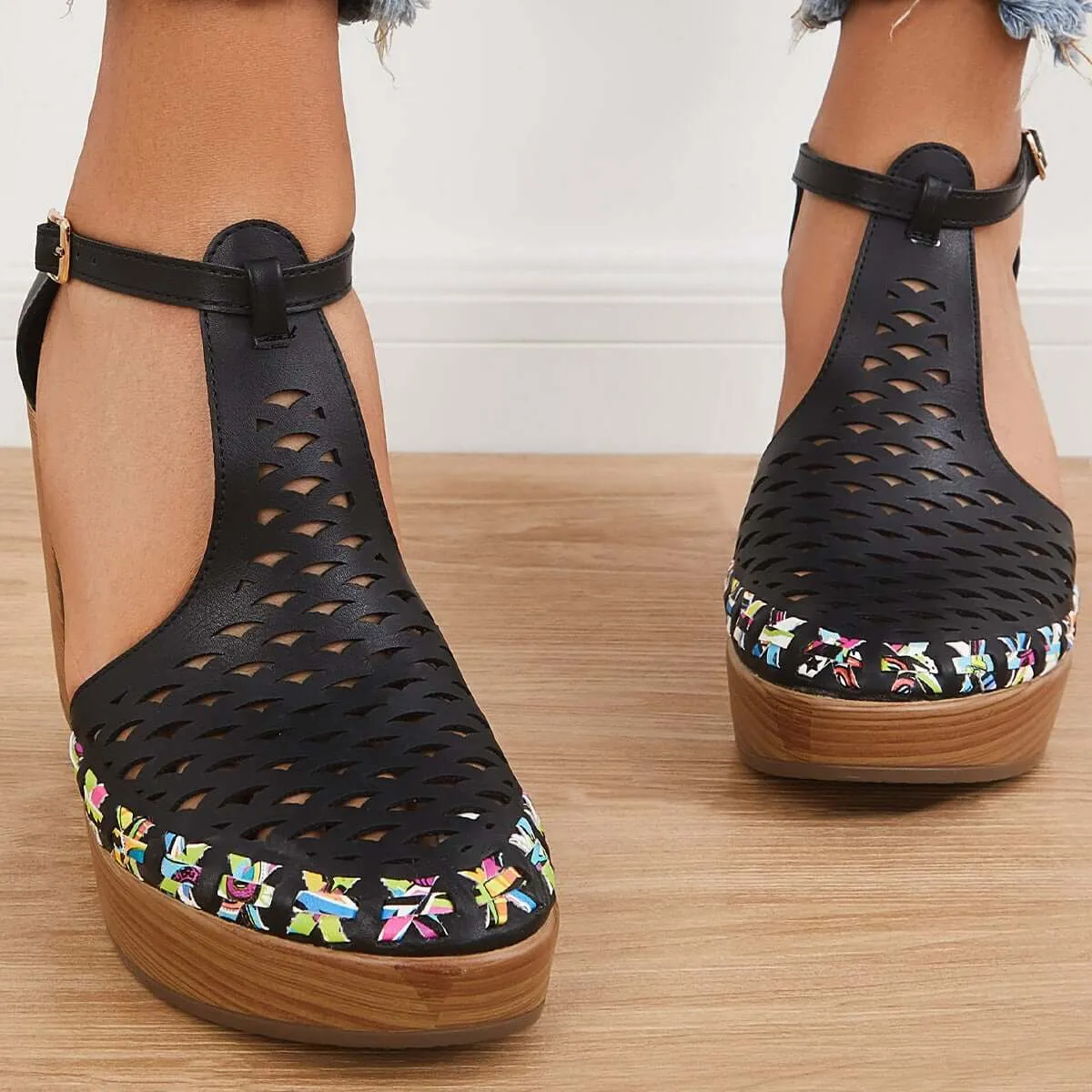 Sohiwoo woman formal Platform Block Chunky High Heels Ankle T-Strap Cutout Sandals