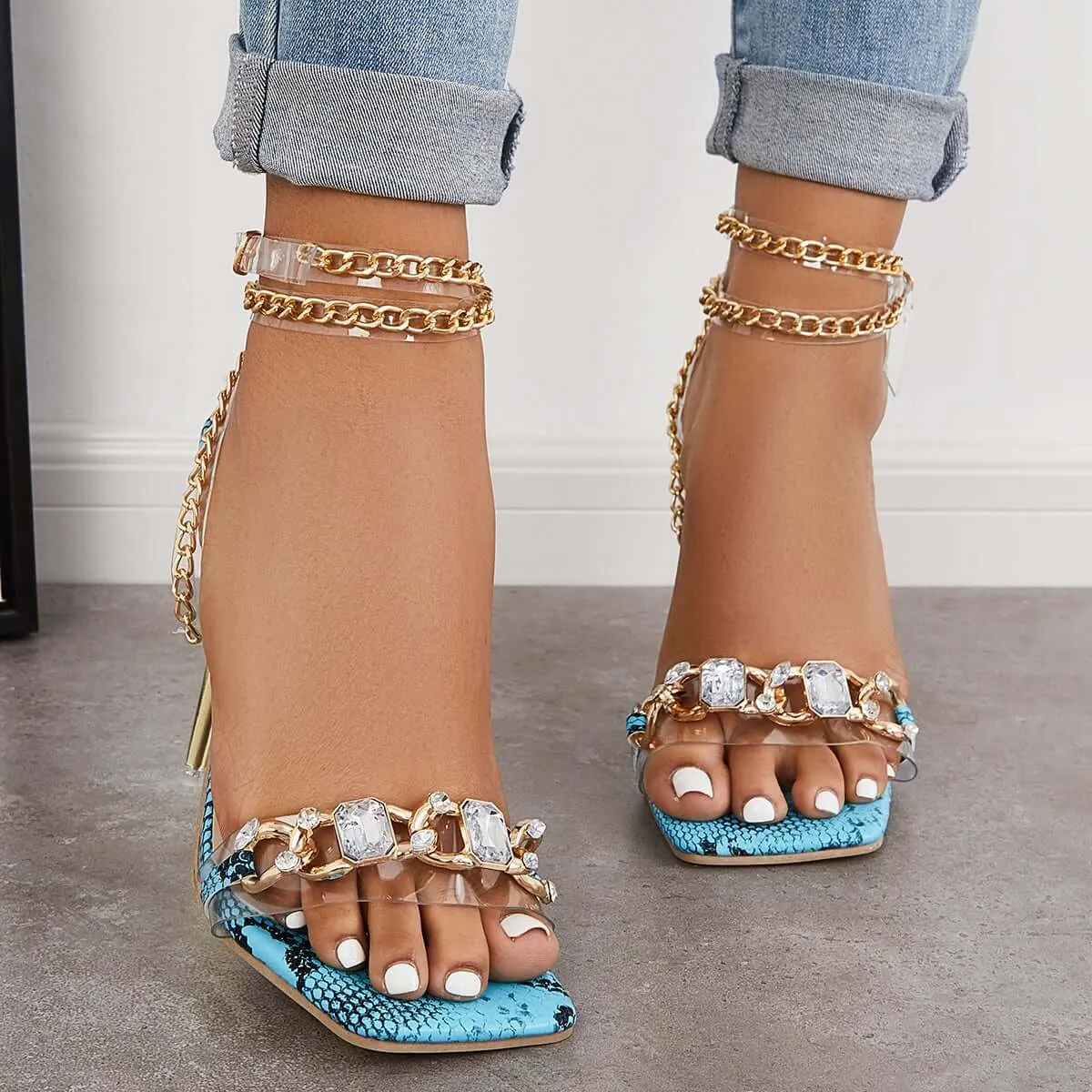Sohiwoo Women Crystal Chain Strap Stiletto High Heels Dress Sandals