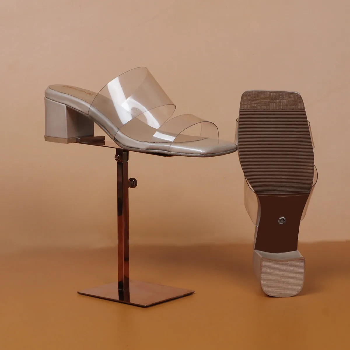 Transparent Dual Strap Beige Platform Blocked Heel Ladies Patent Leather Sandal by Brune & Bareskin