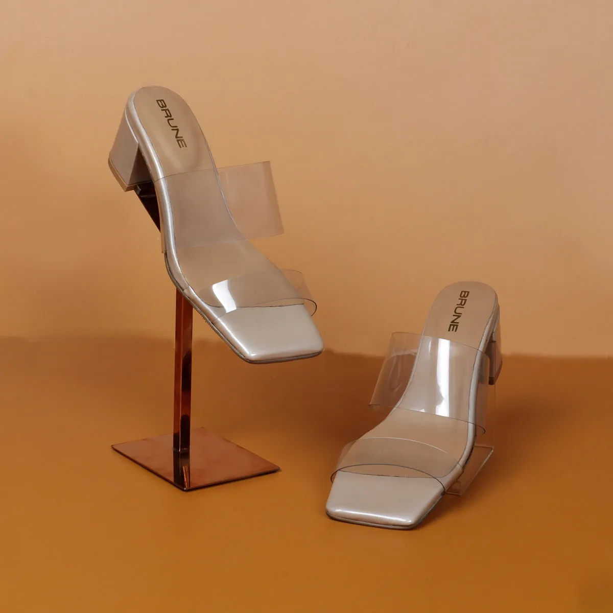 Transparent Dual Strap Beige Platform Blocked Heel Ladies Patent Leather Sandal by Brune & Bareskin