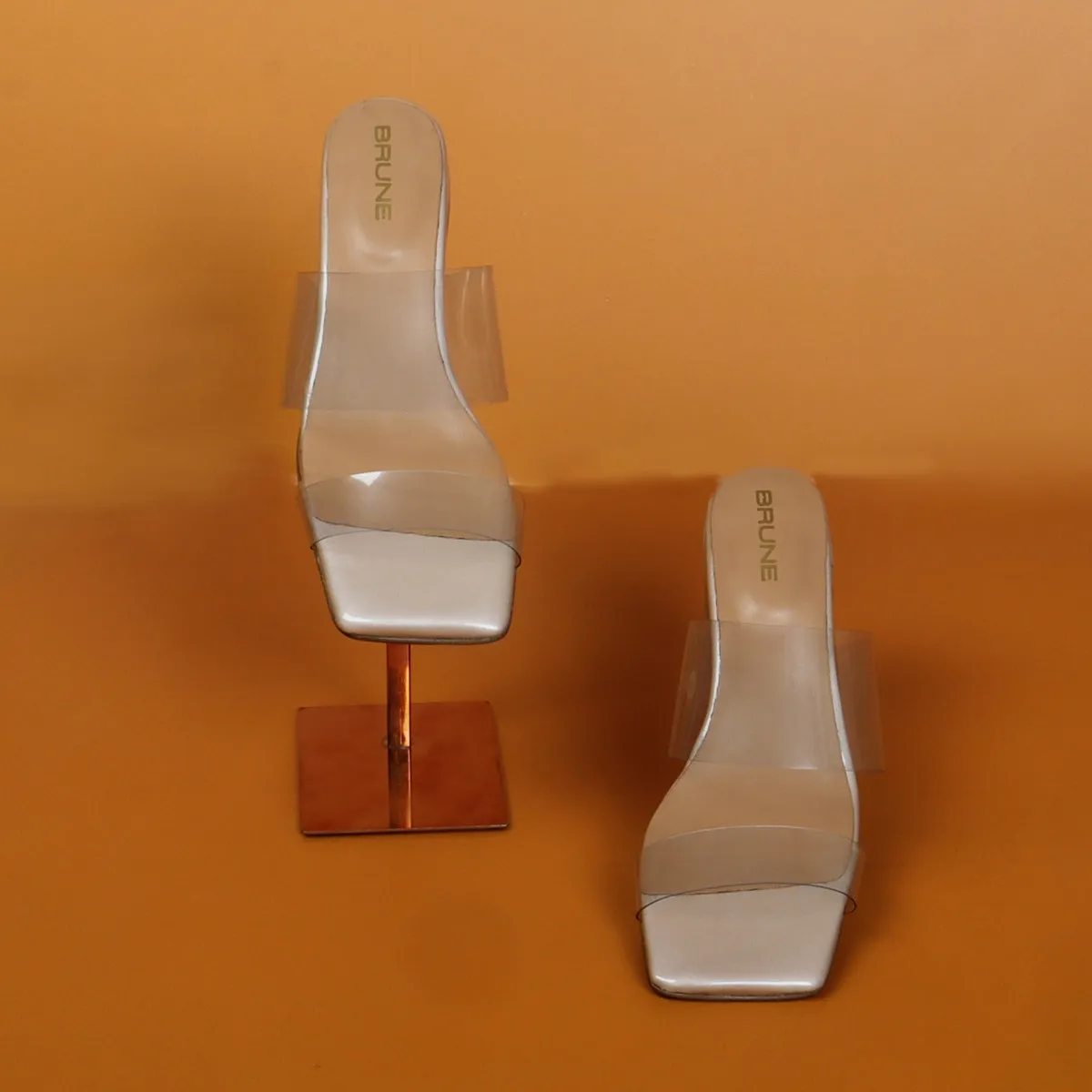 Transparent Dual Strap Beige Platform Blocked Heel Ladies Patent Leather Sandal by Brune & Bareskin