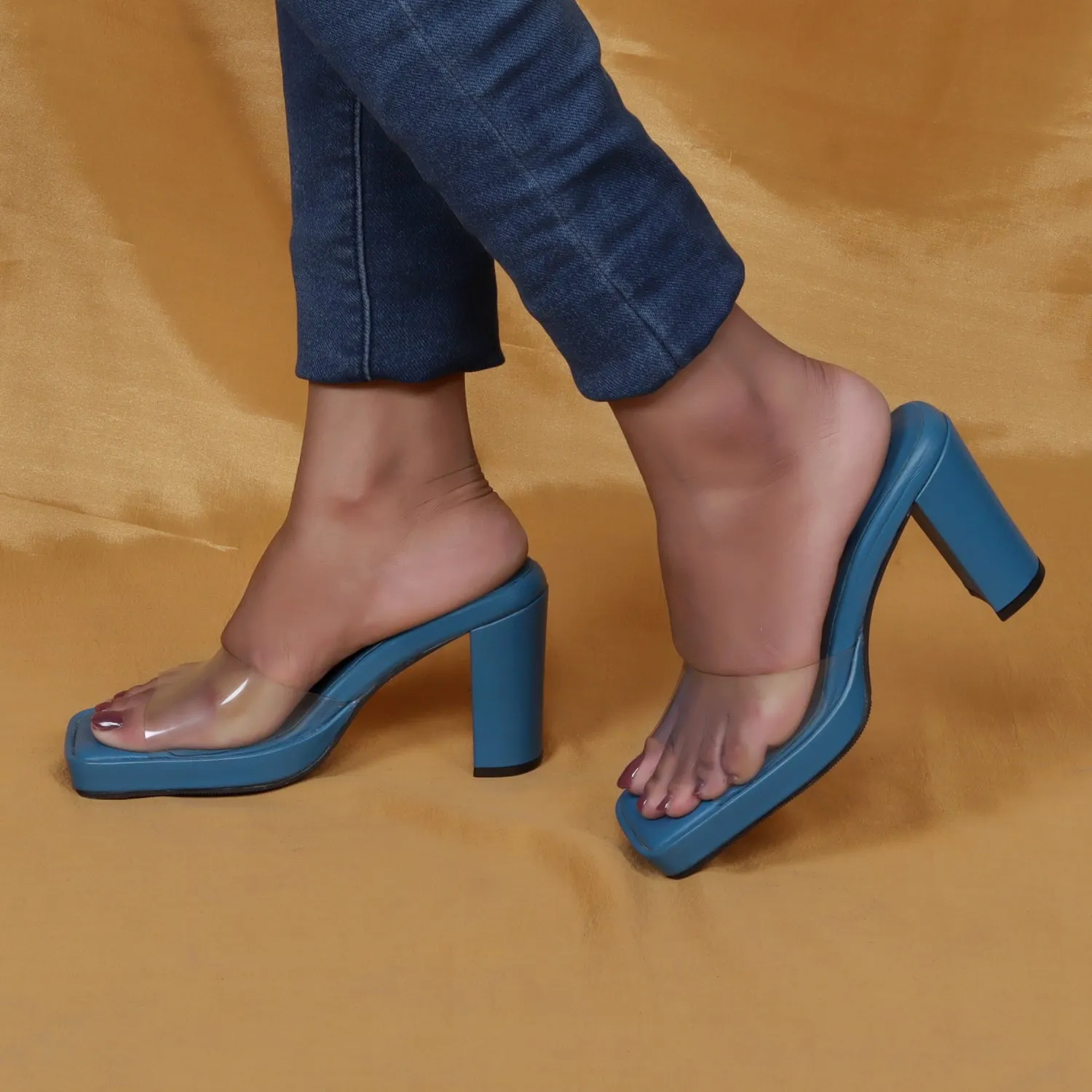 Transparent Open Toe Strap Sky Blue Platform Blocked Heel Sandal By Brune & Bareskinm