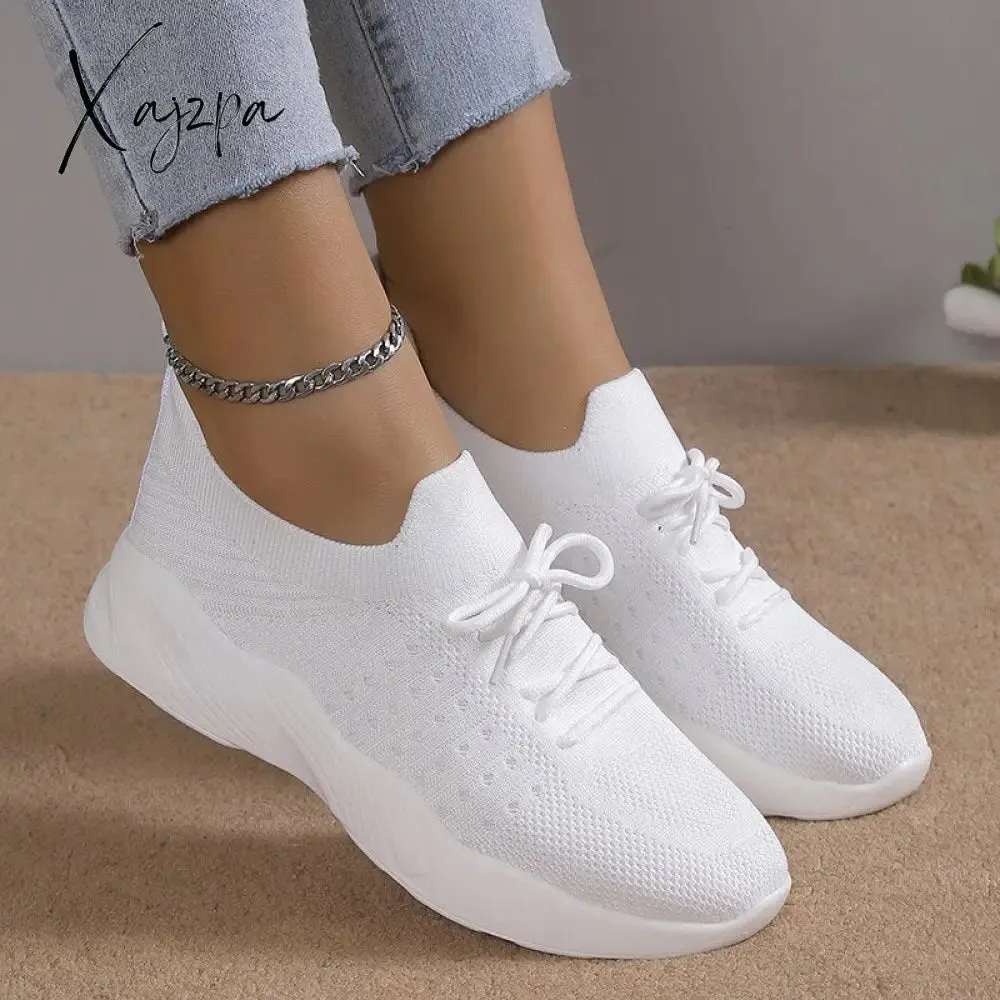 Xajzpa - Breathable Knitted Sneakers Women 2023 Autumn Flat Heels Lace Up Casual Sport Shoes Woman Comfort Lightweight Walking Shoes