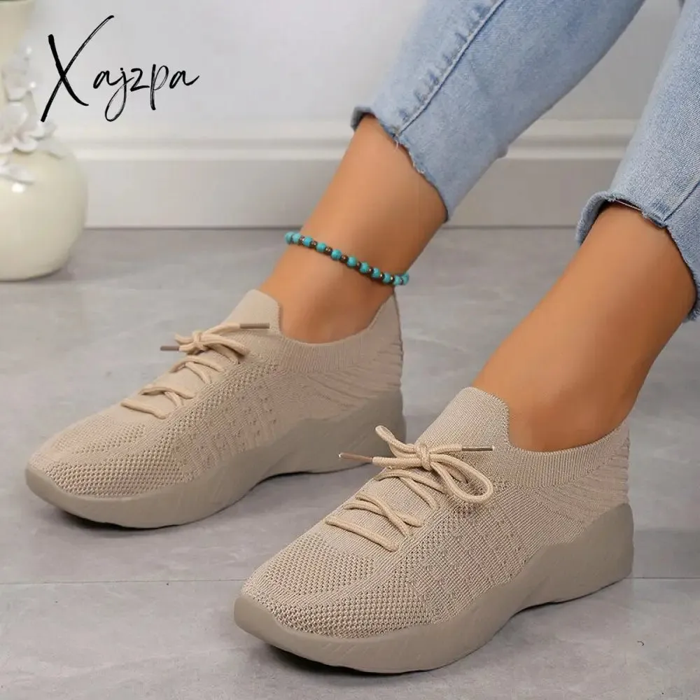 Xajzpa - Breathable Knitted Sneakers Women 2023 Autumn Flat Heels Lace Up Casual Sport Shoes Woman Comfort Lightweight Walking Shoes