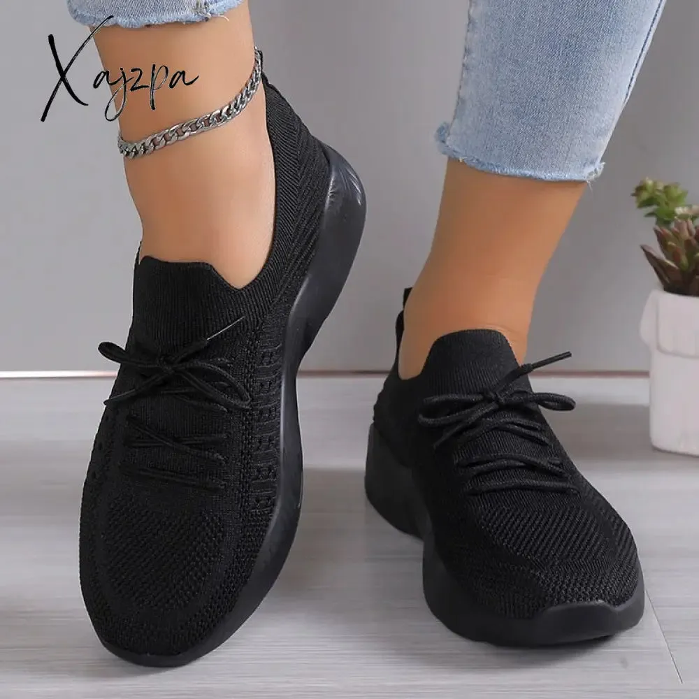 Xajzpa - Breathable Knitted Sneakers Women 2023 Autumn Flat Heels Lace Up Casual Sport Shoes Woman Comfort Lightweight Walking Shoes