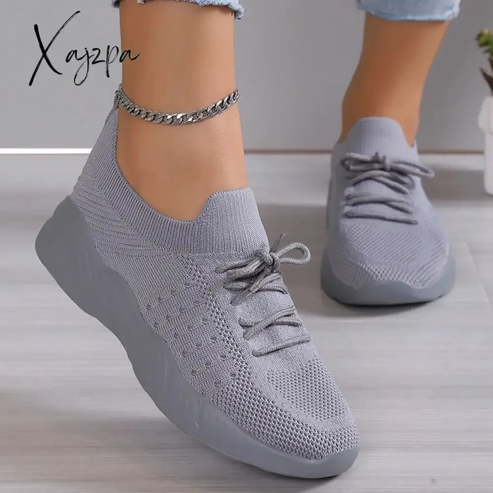 Xajzpa - Breathable Knitted Sneakers Women 2023 Autumn Flat Heels Lace Up Casual Sport Shoes Woman Comfort Lightweight Walking Shoes