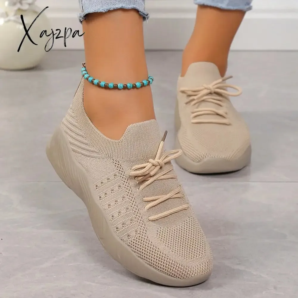 Xajzpa - Breathable Knitted Sneakers Women 2023 Autumn Flat Heels Lace Up Casual Sport Shoes Woman Comfort Lightweight Walking Shoes