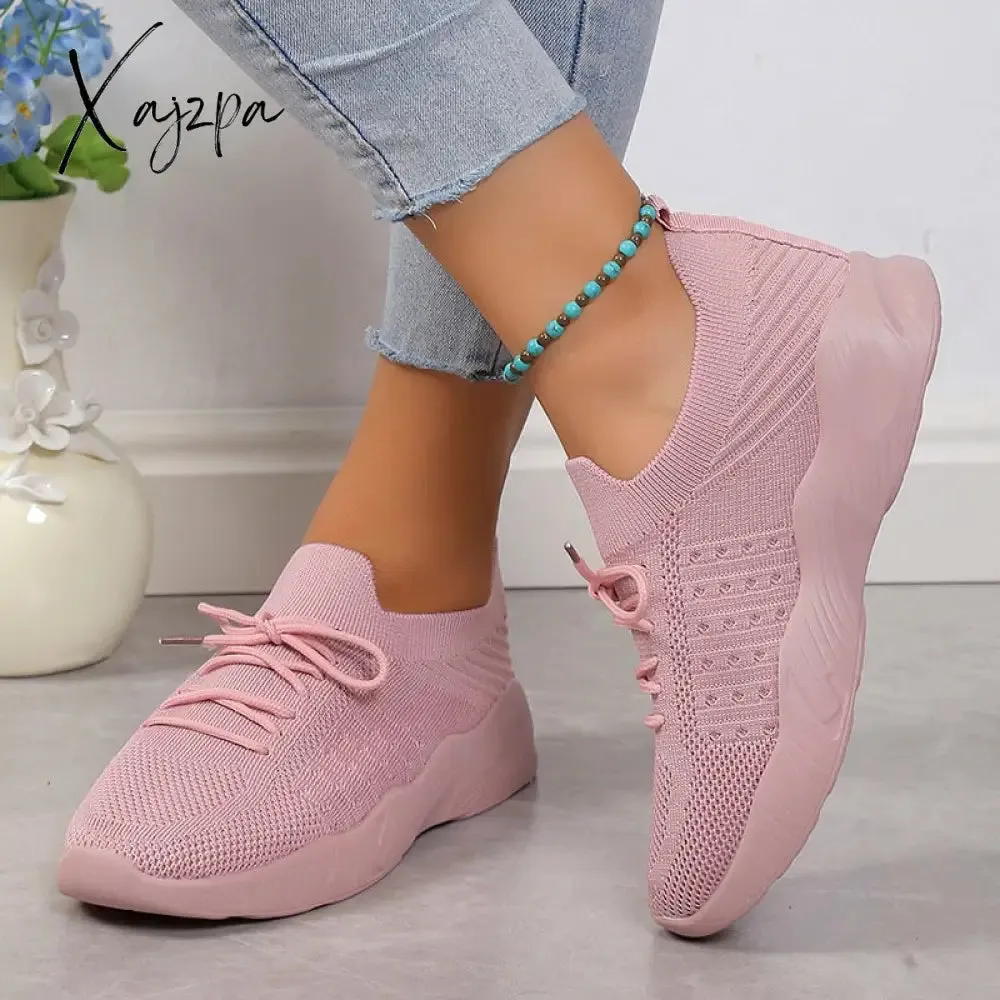 Xajzpa - Breathable Knitted Sneakers Women 2023 Autumn Flat Heels Lace Up Casual Sport Shoes Woman Comfort Lightweight Walking Shoes
