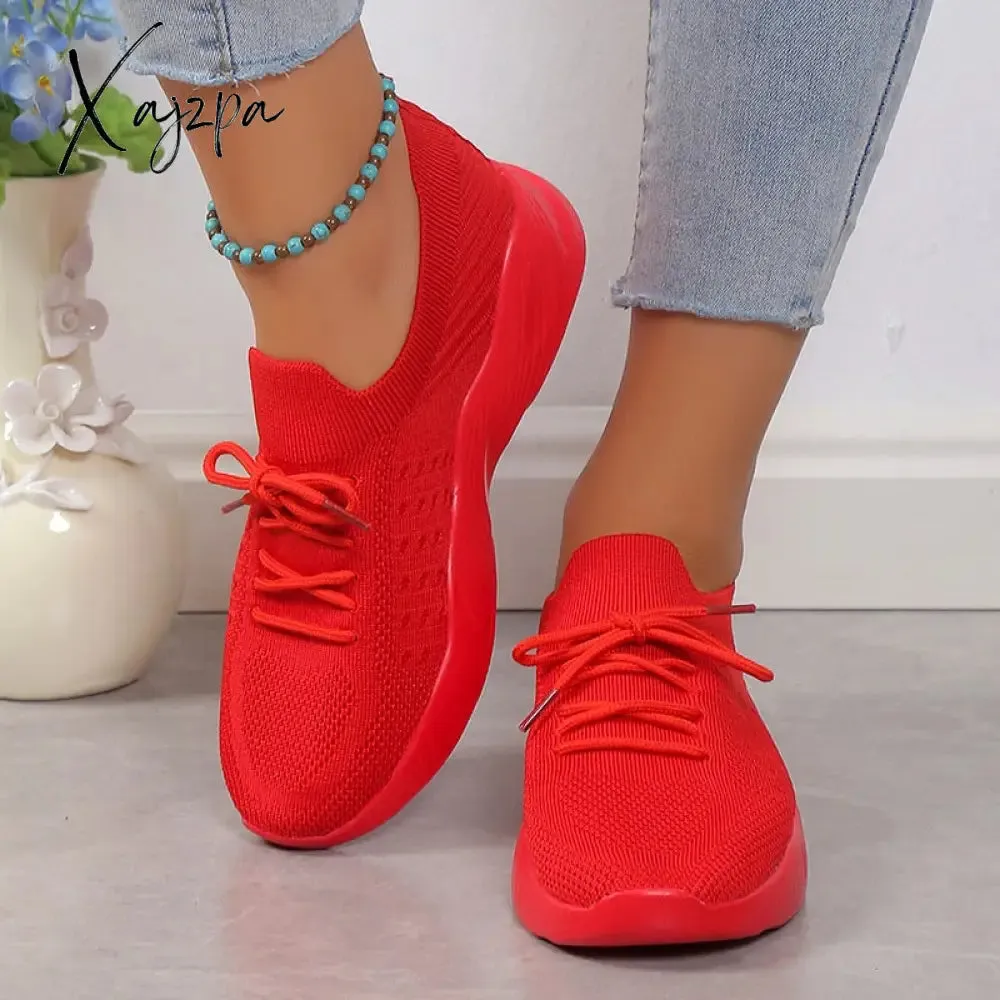 Xajzpa - Breathable Knitted Sneakers Women 2023 Autumn Flat Heels Lace Up Casual Sport Shoes Woman Comfort Lightweight Walking Shoes