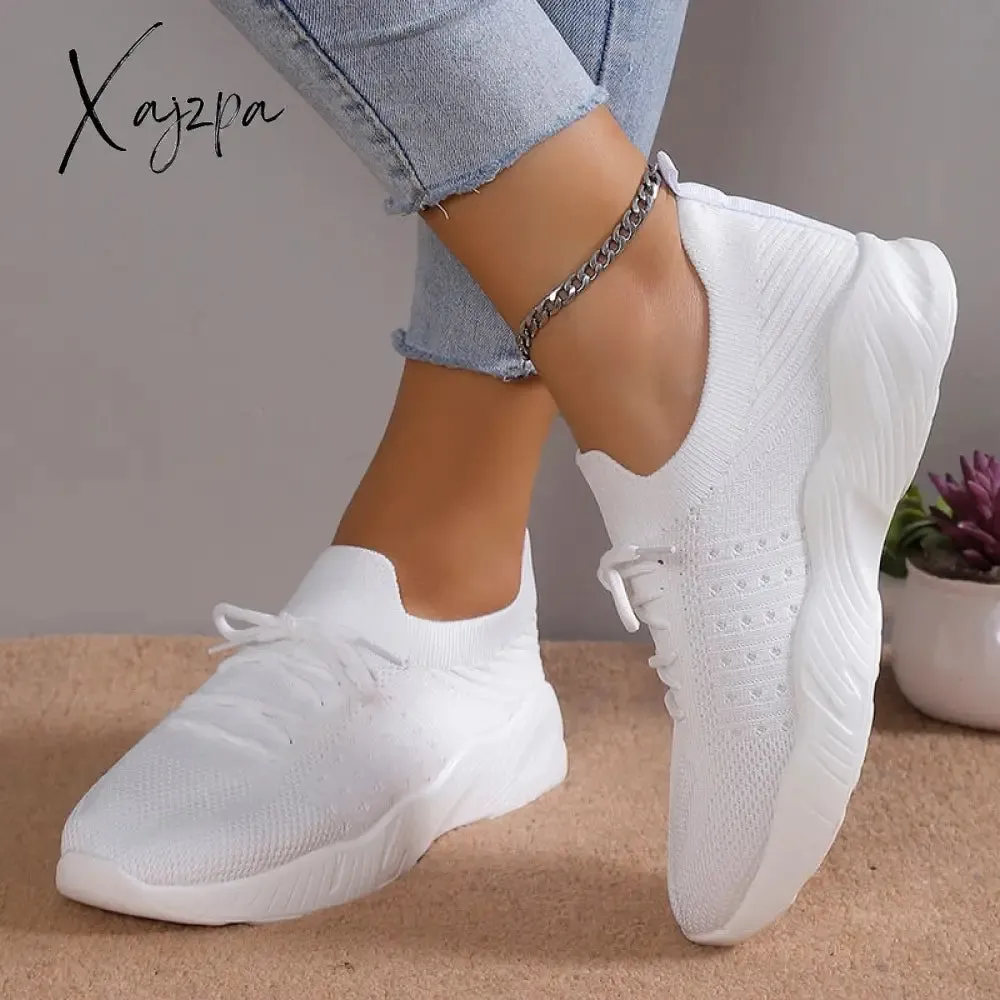 Xajzpa - Breathable Knitted Sneakers Women 2023 Autumn Flat Heels Lace Up Casual Sport Shoes Woman Comfort Lightweight Walking Shoes