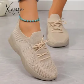 Xajzpa - Breathable Knitted Sneakers Women 2023 Autumn Flat Heels Lace Up Casual Sport Shoes Woman Comfort Lightweight Walking Shoes