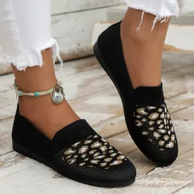 Xajzpa Leopard Prints Knitted Loafers Women Breathable Mesh Shallow Flats Shoes Woman Lightweight Casual Slip-On Walking Shoes