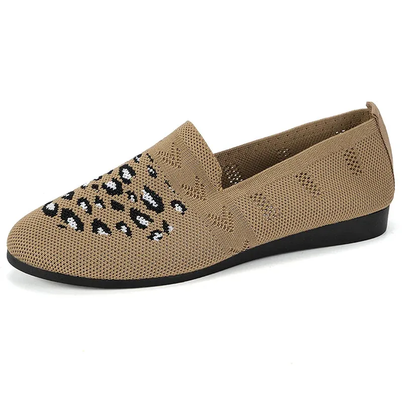 Xajzpa Leopard Prints Knitted Loafers Women Breathable Mesh Shallow Flats Shoes Woman Lightweight Casual Slip-On Walking Shoes