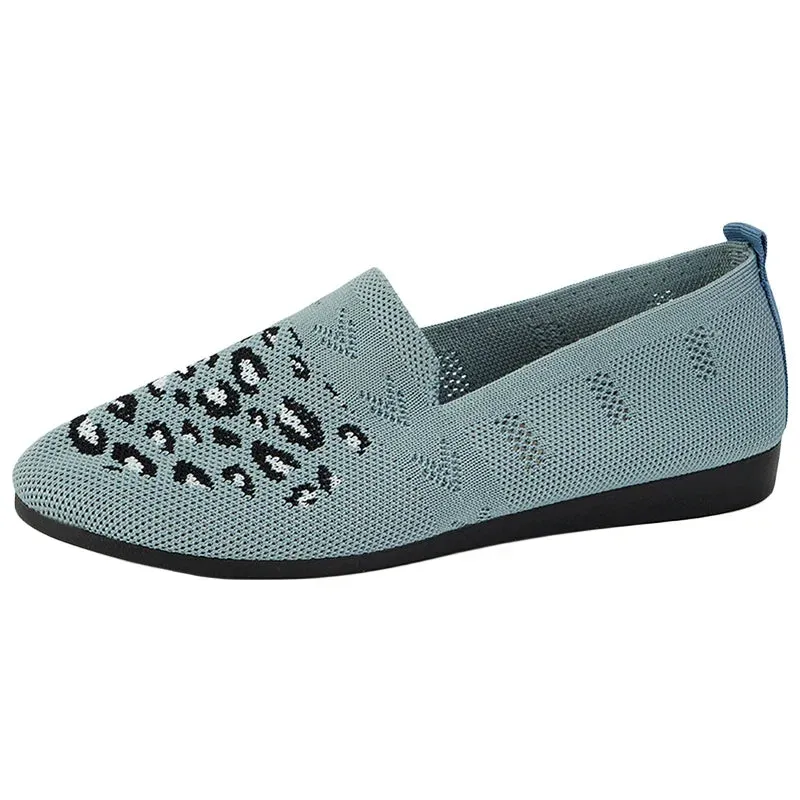 Xajzpa Leopard Prints Knitted Loafers Women Breathable Mesh Shallow Flats Shoes Woman Lightweight Casual Slip-On Walking Shoes