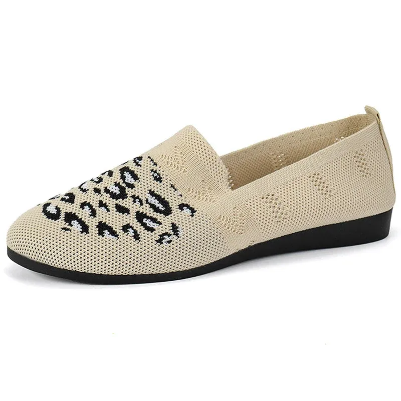 Xajzpa Leopard Prints Knitted Loafers Women Breathable Mesh Shallow Flats Shoes Woman Lightweight Casual Slip-On Walking Shoes