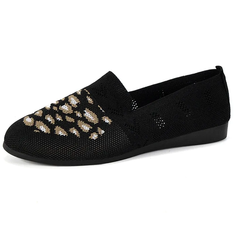 Xajzpa Leopard Prints Knitted Loafers Women Breathable Mesh Shallow Flats Shoes Woman Lightweight Casual Slip-On Walking Shoes